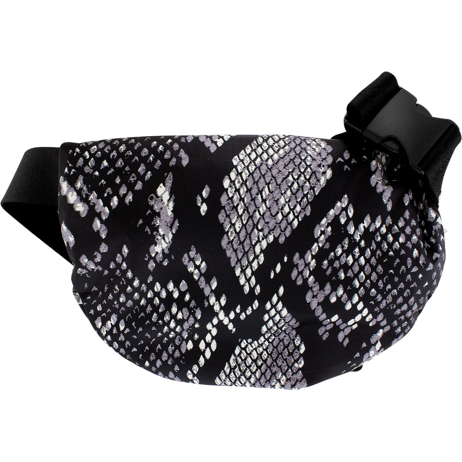 Brighton belt bag with black, white, and gray snakeskin print and black buckle strap on a white background