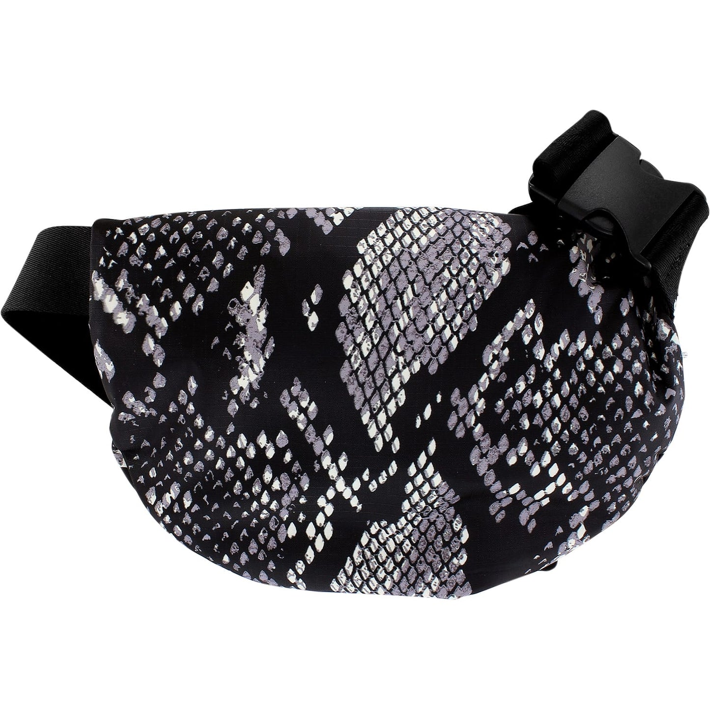 Brighton belt bag with black, white, and gray snakeskin print and black buckle strap on a white background