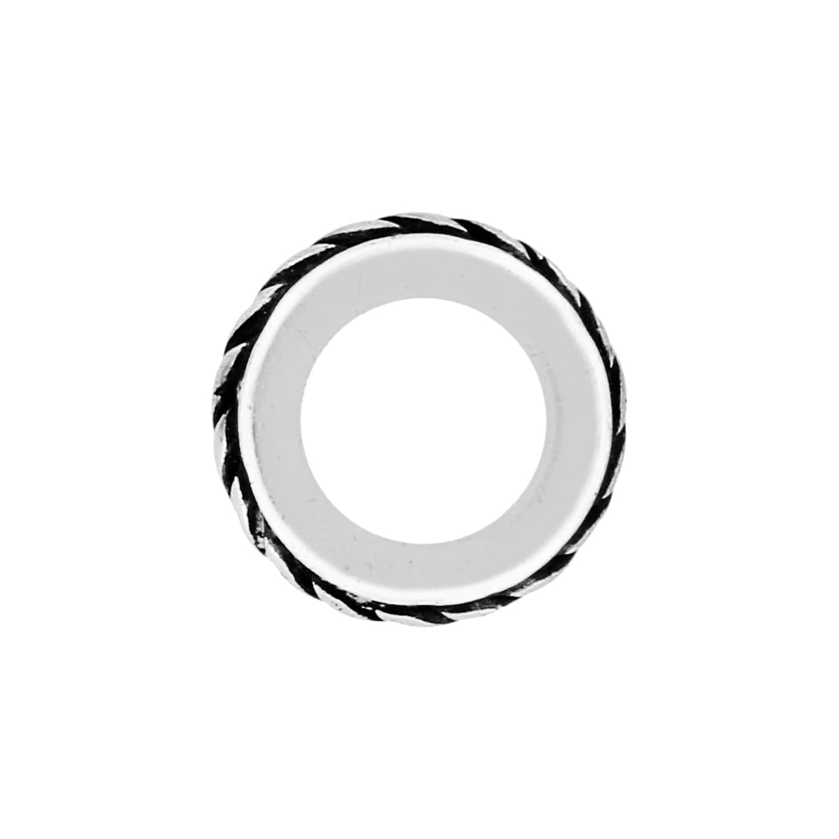 Brighton spacer bead with silver-plated finish and braided rope edge detail surrounding open center on a white background