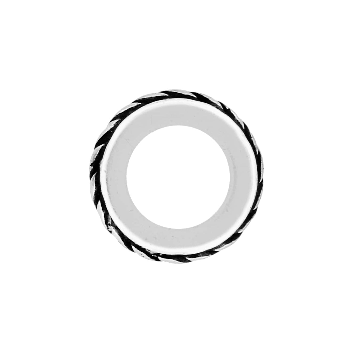 Brighton spacer bead with silver-plated finish and braided rope edge detail surrounding open center on a white background
