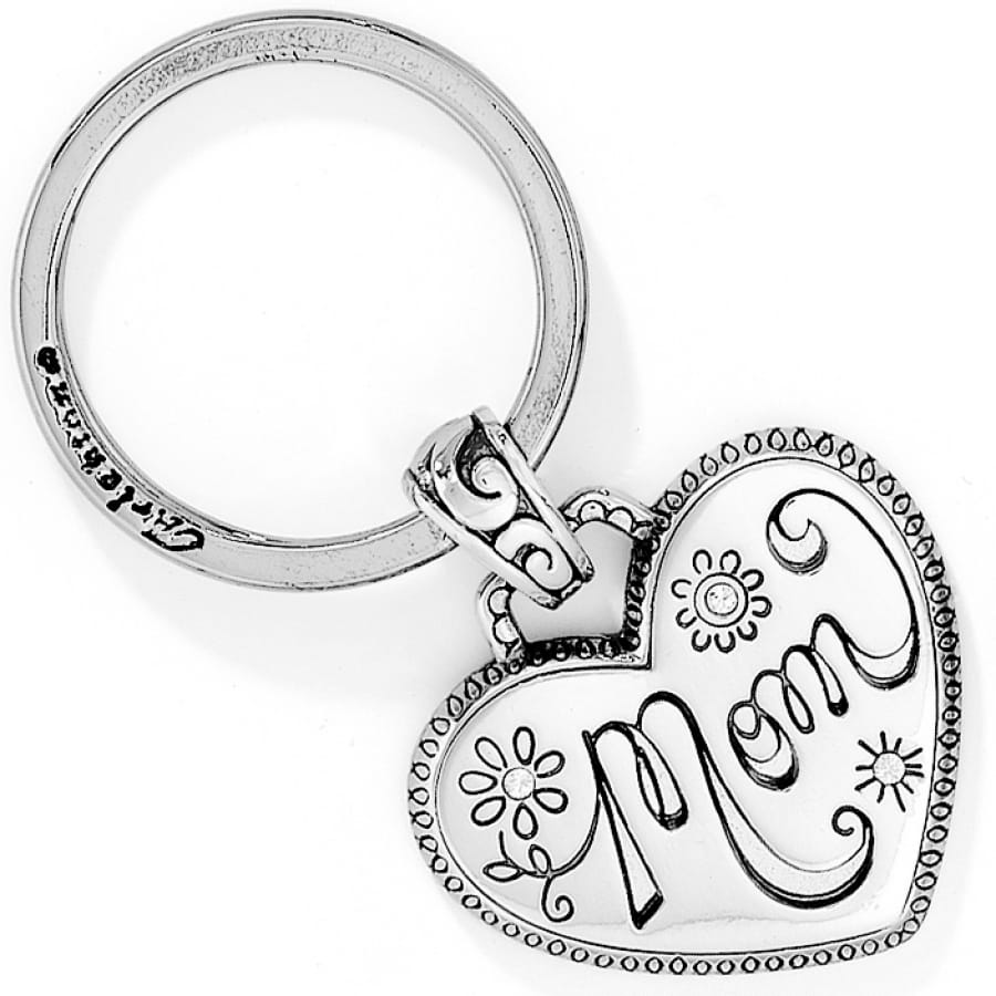 Brighton heart charm keychain with silver-plated Mom script, floral engravings, and crystal accents on a white background