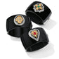 Brighton black hinged cuff bracelets with two-tone floral and heart medallions featuring crystal and colored stones on a white background