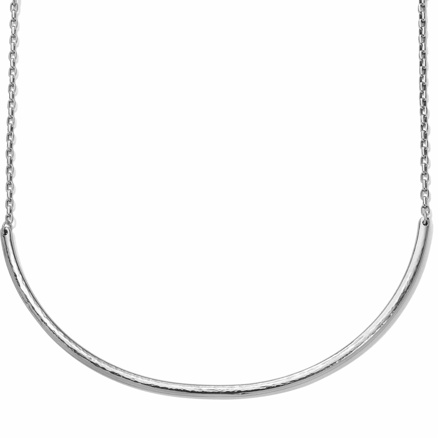 Brighton collar necklace with curved hammered silver-plated bar pendant and delicate chain on a white background