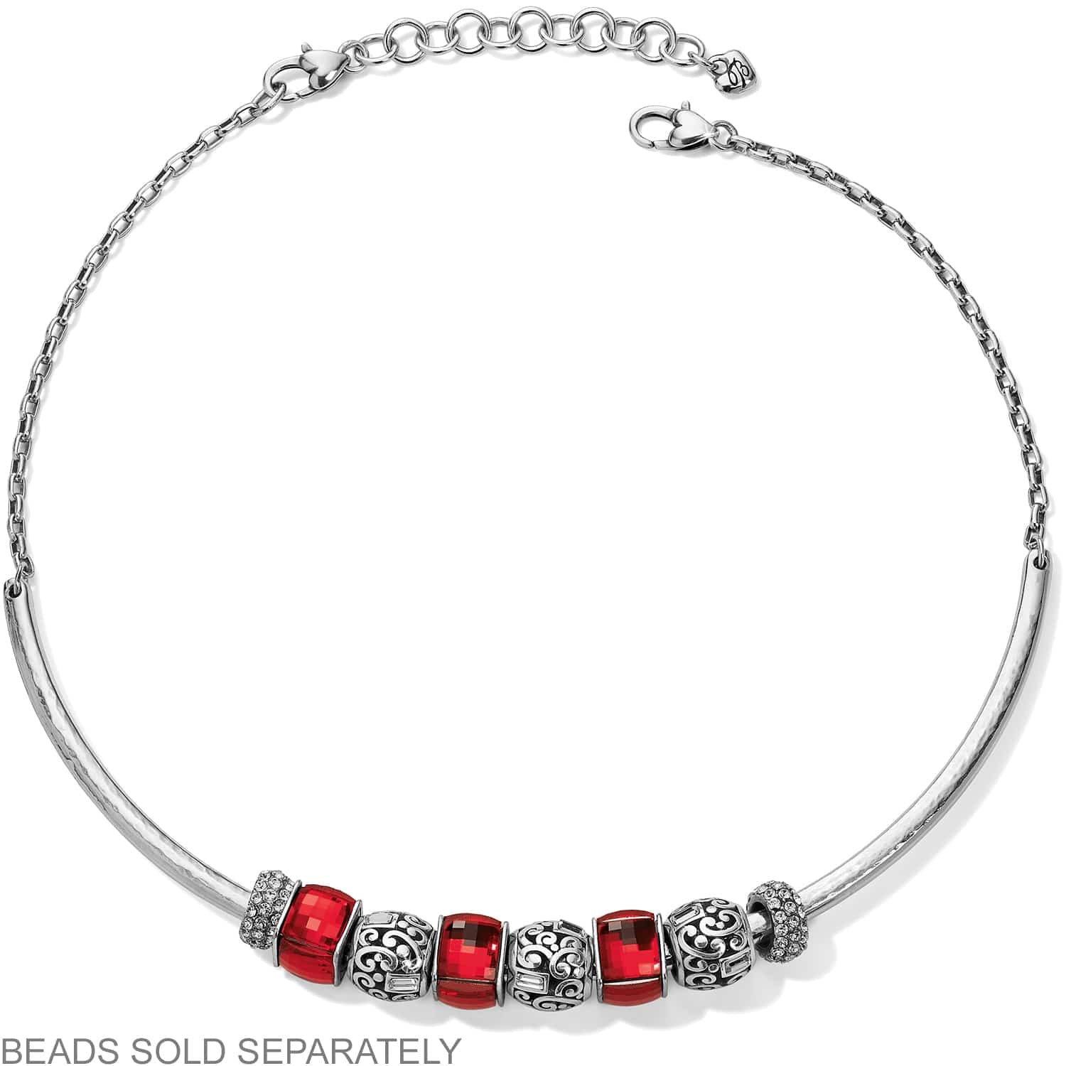 Brighton silver-plated collar necklace with red faceted beads, scrollwork beads, and crystal accents on a white background