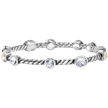 Brighton bangle bracelet with silver-plated twisted rope design, crystal stones, and pearl accents on a white background
