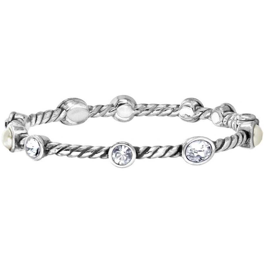 Brighton bangle bracelet with silver-plated twisted rope design, crystal stones, and pearl accents on a white background
