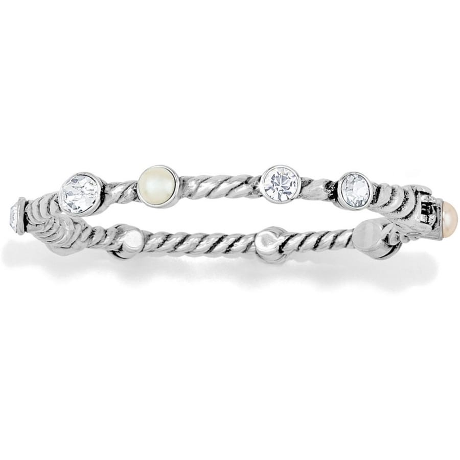 Brighton bangle bracelet with silver-plated twisted rope design, crystal accents, and pearl beads on a white background