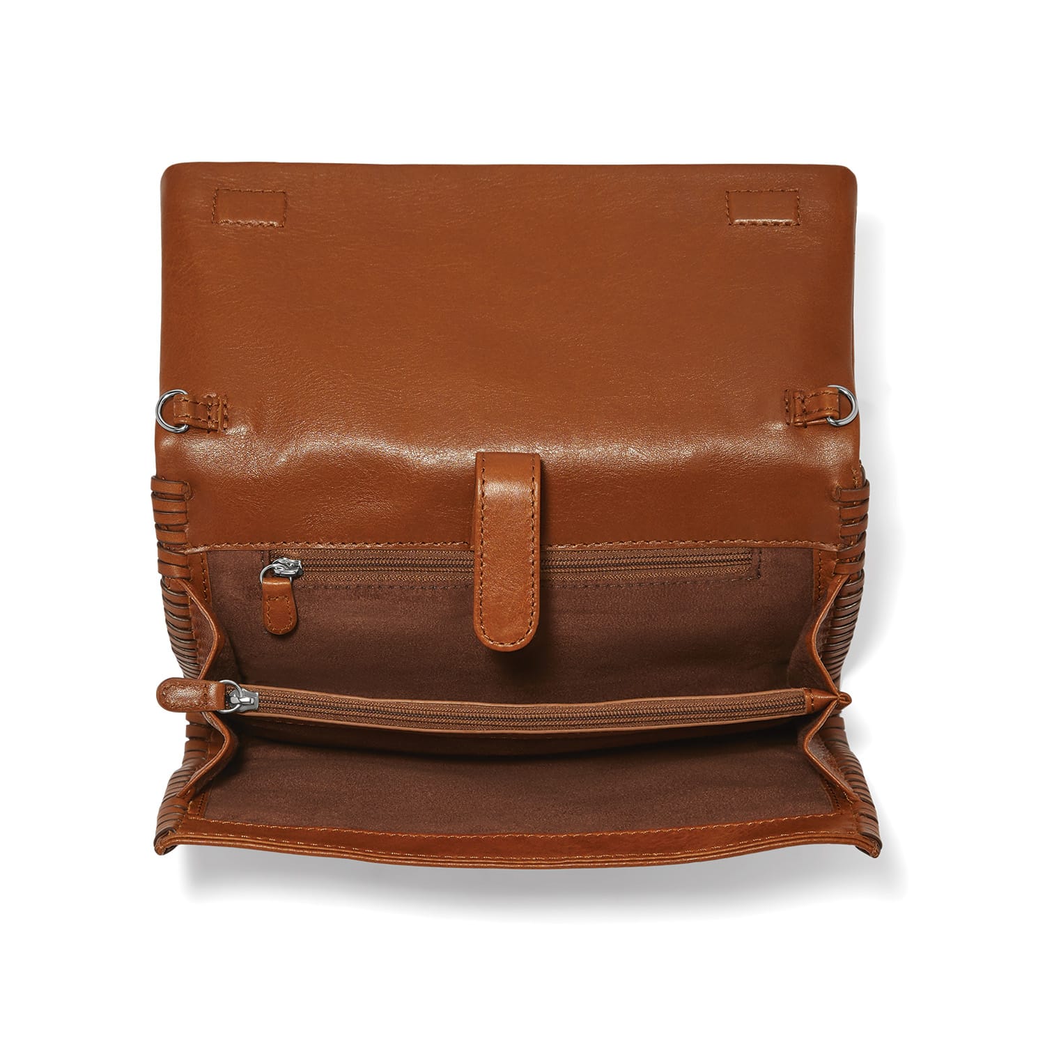 Brighton tan leather handbag shown open with interior zip pocket, suede lining, and tab closure on a white background