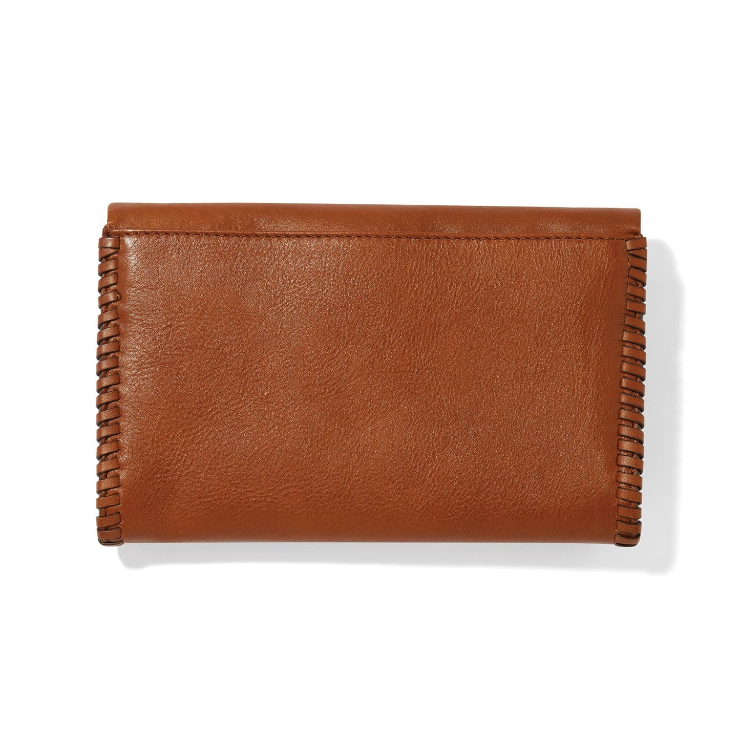 Brighton wallet in brown leather with whipstitched side edges and foldover flap closure on a white background