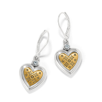 Brighton drop earrings with two-tone heart pendants, etched gold-tone centers, and crystal accents on a white background