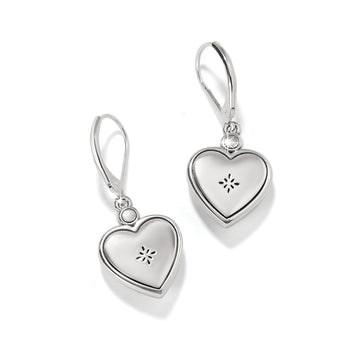 Brighton heart drop earrings with silver-tone finish, crystal accents, and etched floral detail on a white background