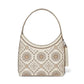 Brighton hobo handbag in cream leather with medallion perforated pattern, crystal studs, and tassel charm on a white background
