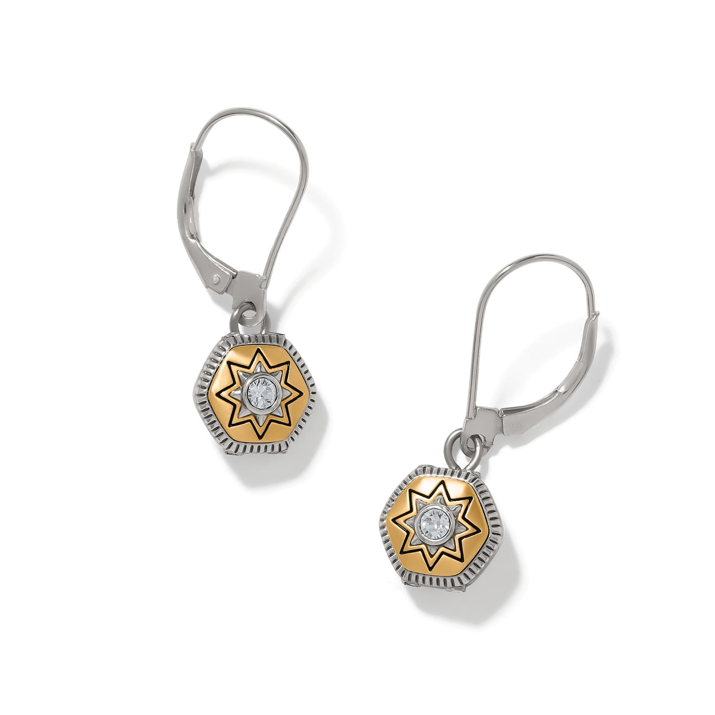 Brighton drop earrings with two-tone star medallion and crystal center on lever back hooks on a white background