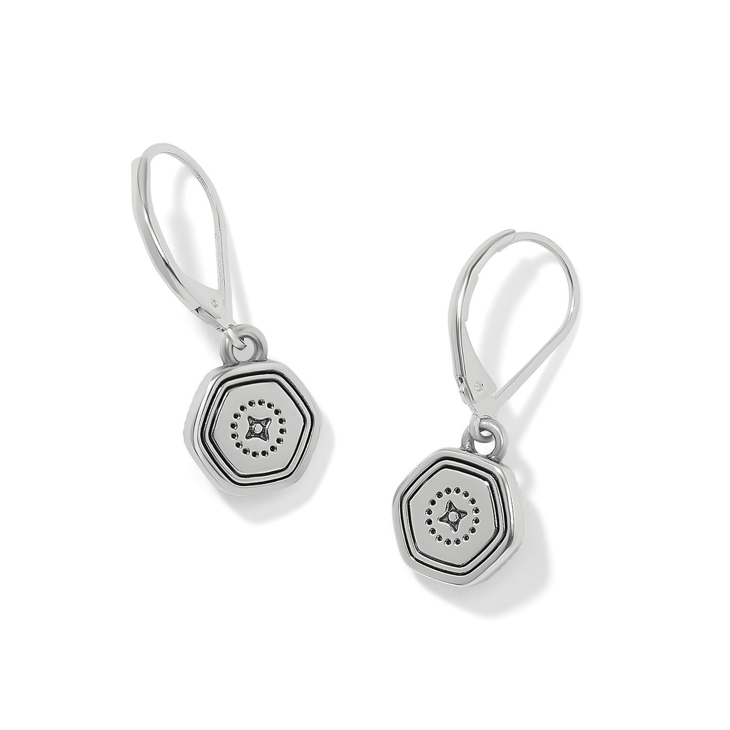Brighton drop earrings with hexagonal silver-tone charms featuring dotted star motifs and leverback closures on a white background