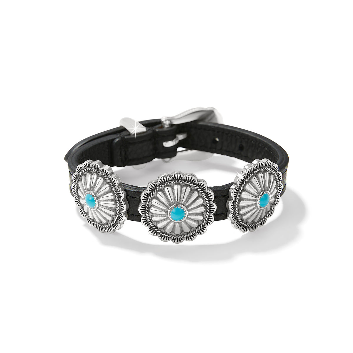 Brighton bracelet with black leather band, three silver-plated concho medallions with turquoise centers, on a white background