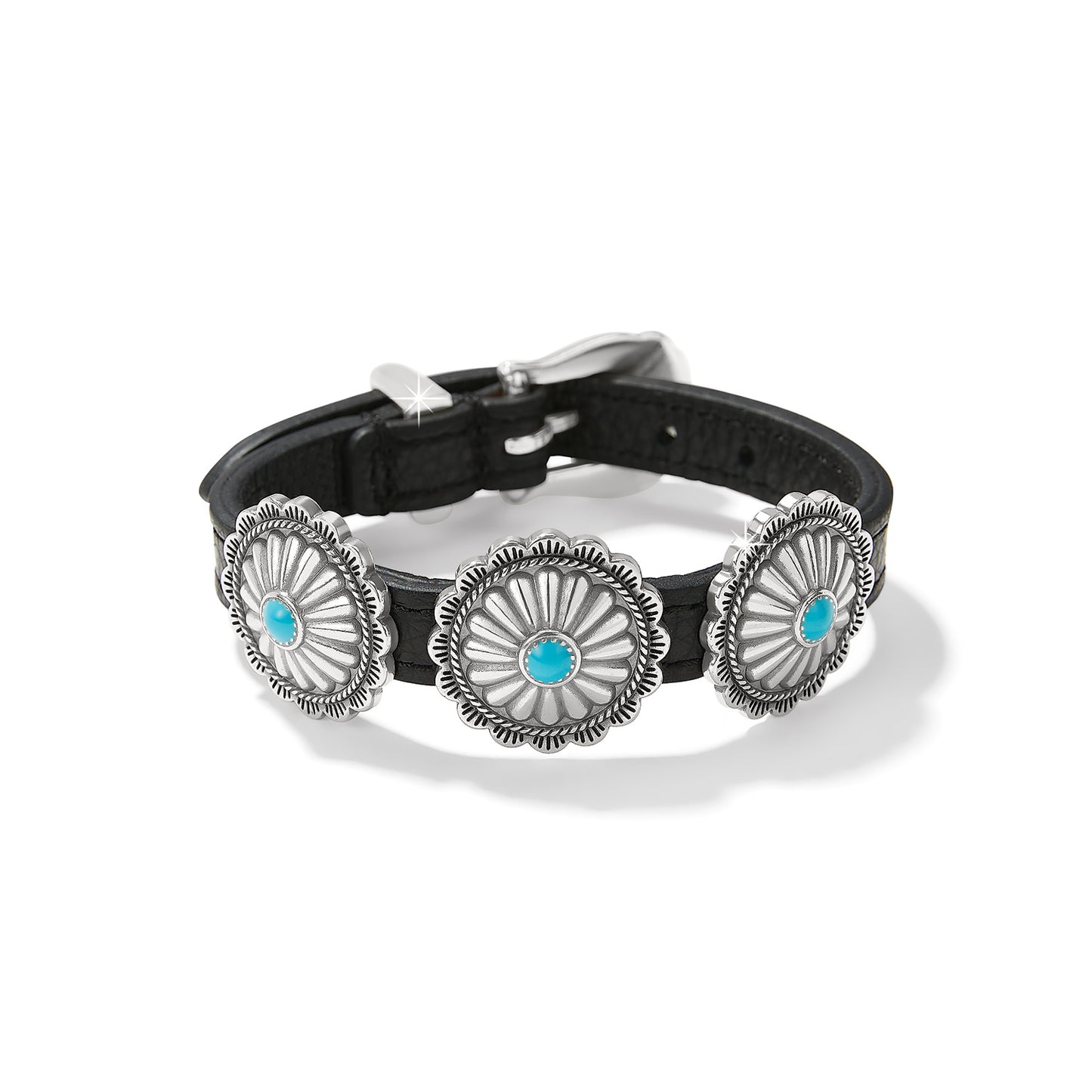 Brighton bracelet with black leather band, three silver-plated concho medallions with turquoise centers, on a white background