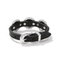Brighton black leather bracelet shown from the back with silver-plated buckle closure and studded accents on a white background