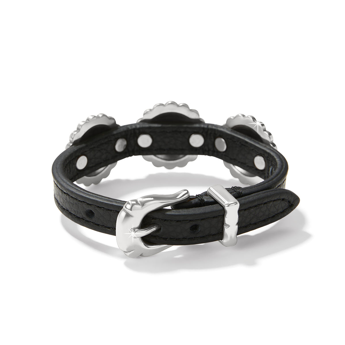 Brighton black leather bracelet shown from the back with silver-plated buckle closure and studded accents on a white background