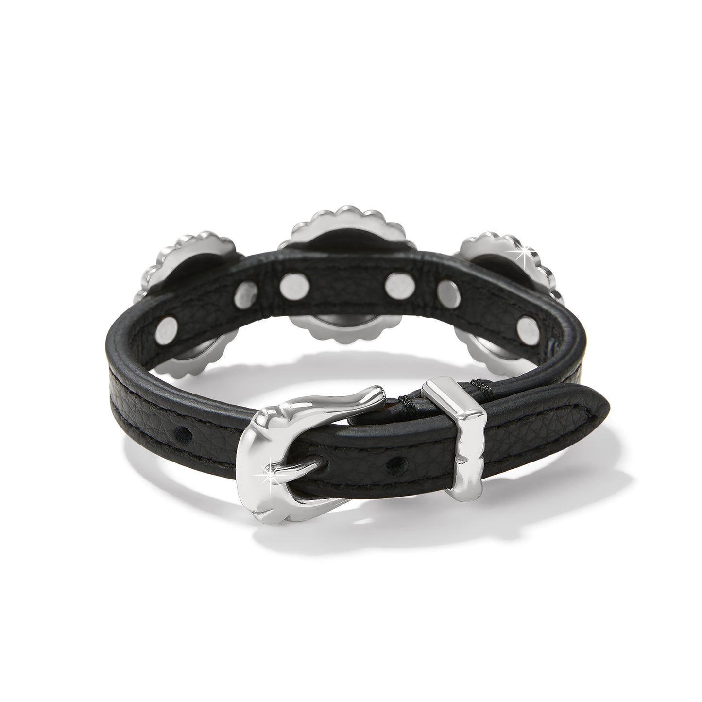 Brighton black leather bracelet shown from the back with silver-plated buckle closure and studded accents on a white background