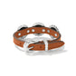 Brighton bracelet with brown leather strap, silver-plated buckle closure, and decorative scalloped conchos on a white background