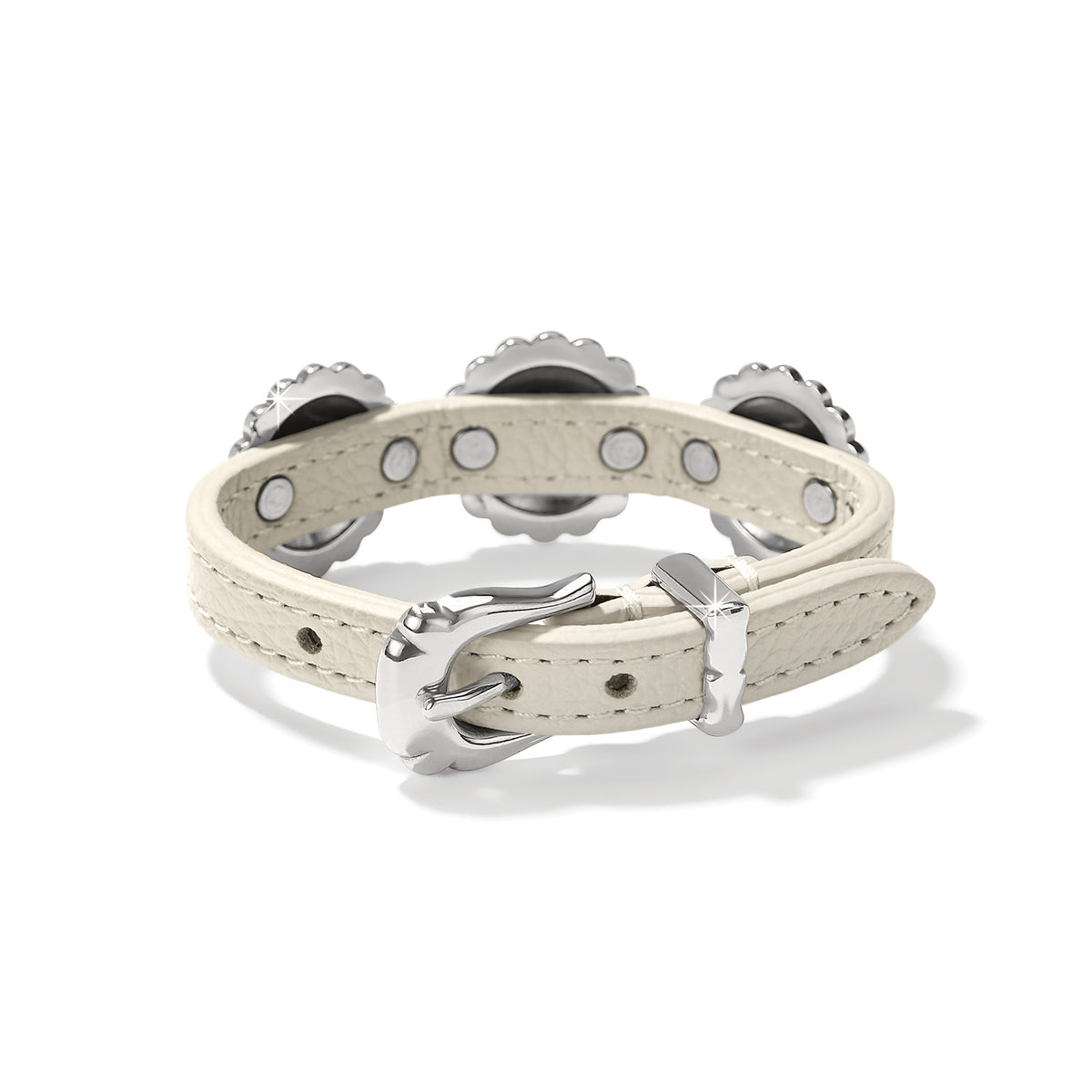 Brighton cream leather bracelet shown from the back with silver-plated buckle closure and stitched edges on a white background