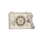 Brighton crossbody handbag in cream with gold medallion print, leather tassel, and silver-tone buckle on a white background