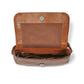 Brighton tan leather handbag shown open with interior compartments, whipstitched flap, and silver-tone snap closure on a white background