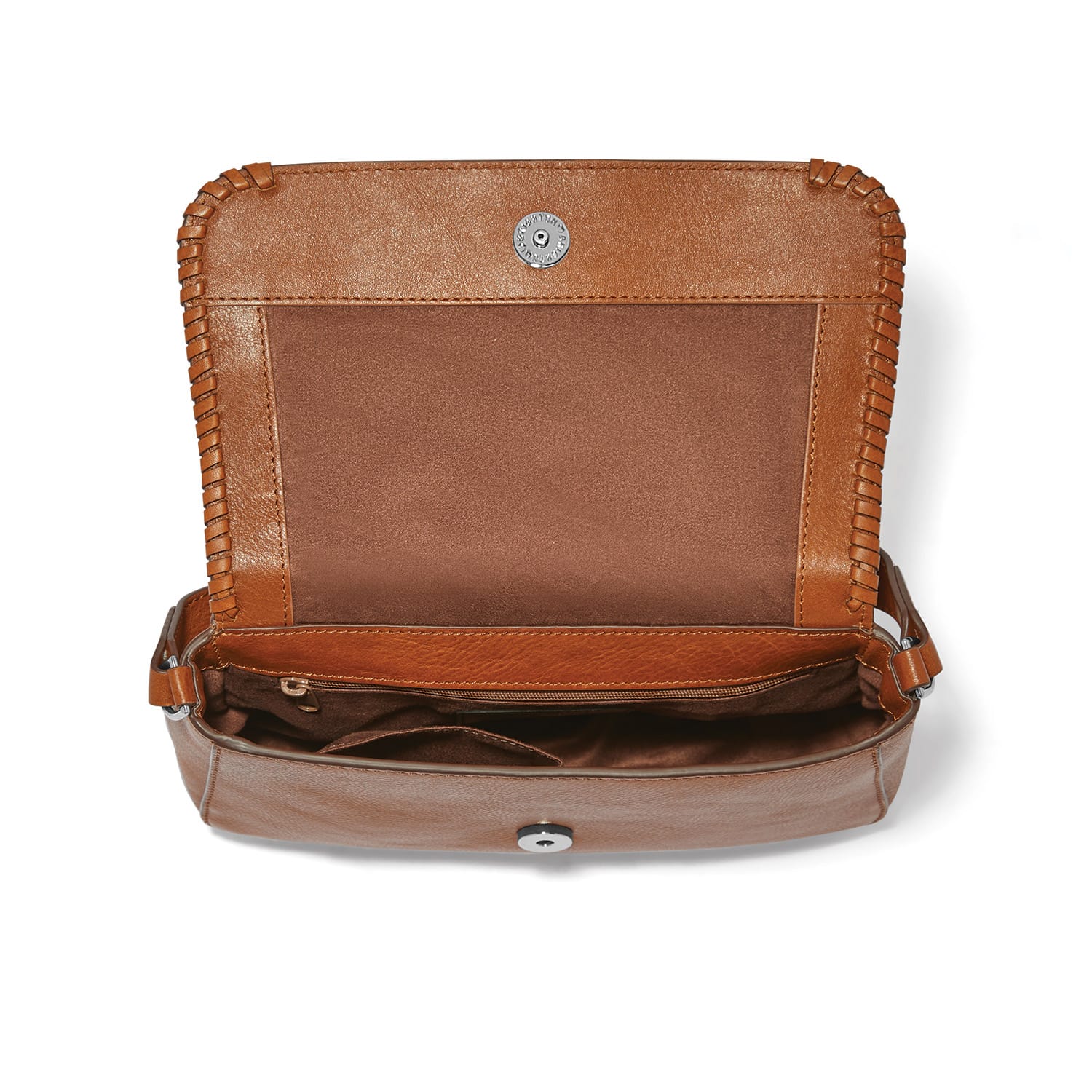 Brighton tan leather handbag shown open with interior compartments, whipstitched flap, and silver-tone snap closure on a white background