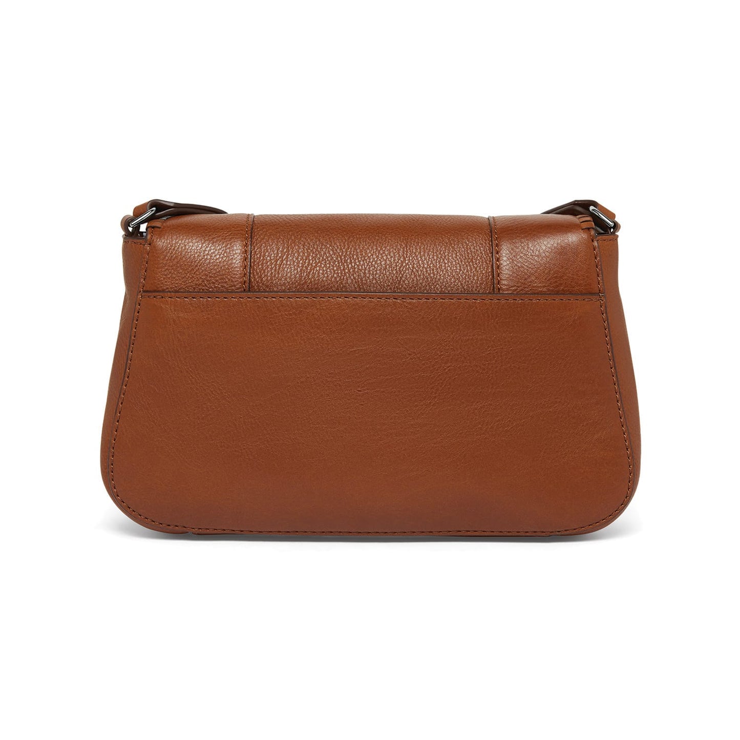 Brighton handbag shown from the back in brown leather with stitched trim and back slip pocket on a white background