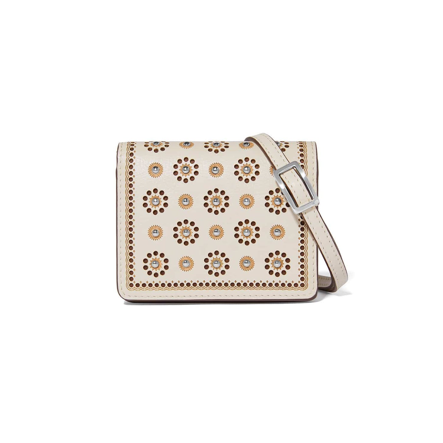 Brighton crossbody handbag in cream leather with floral studded medallion pattern and silver-tone buckle strap on a white background