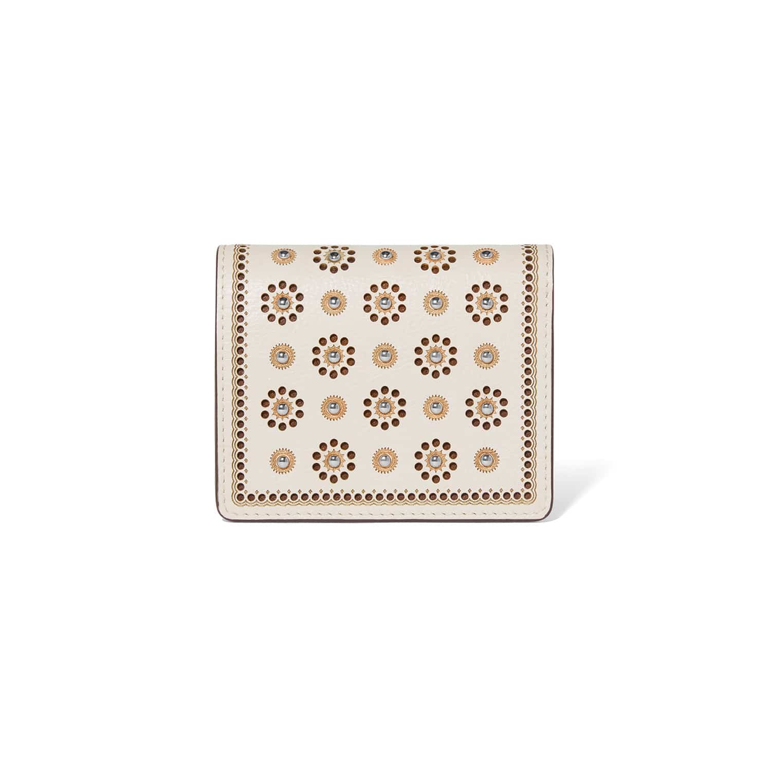 Brighton bifold wallet in cream leather with gold studded floral medallions and perforated border on a white background