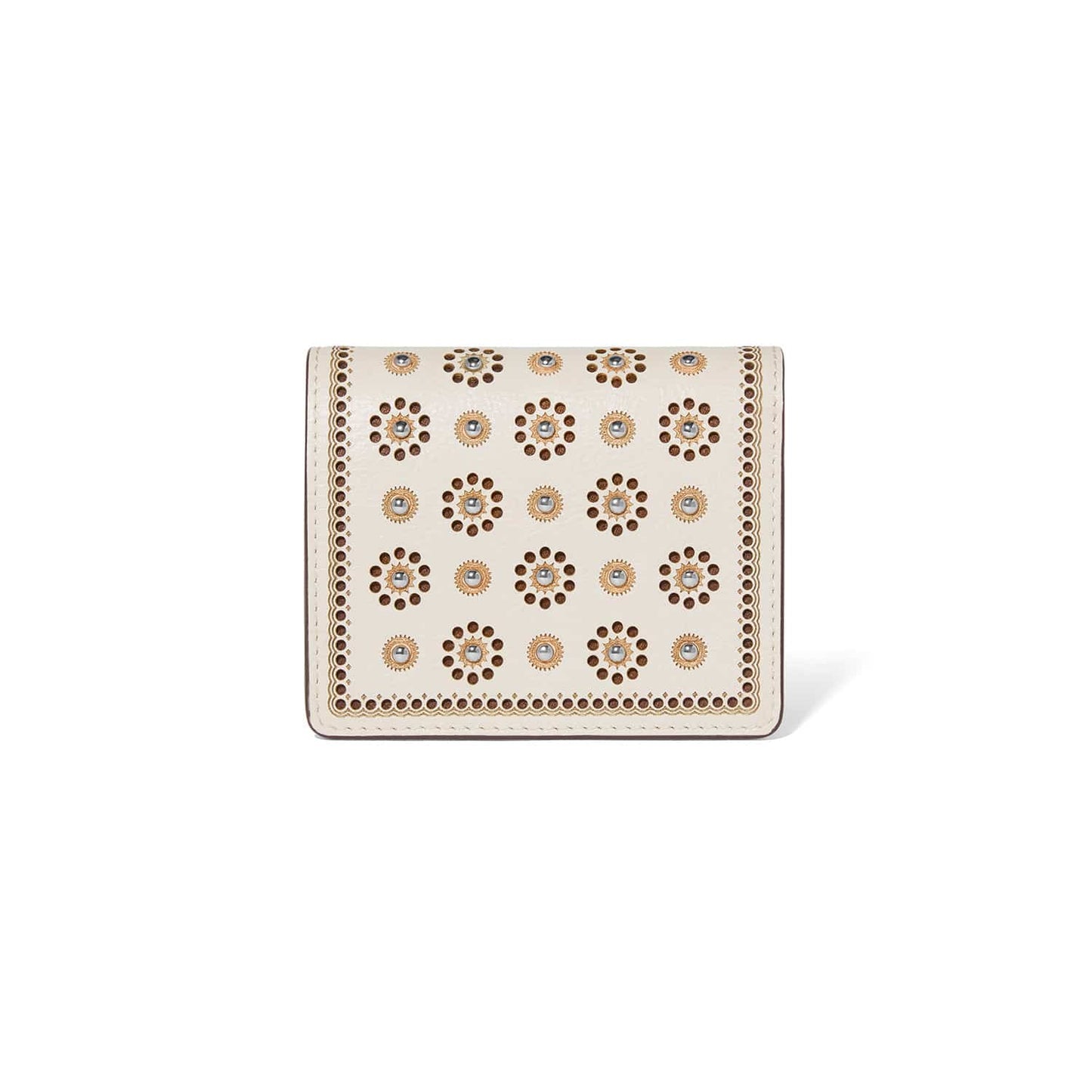 Brighton bifold wallet in cream leather with gold studded floral medallions and perforated border on a white background