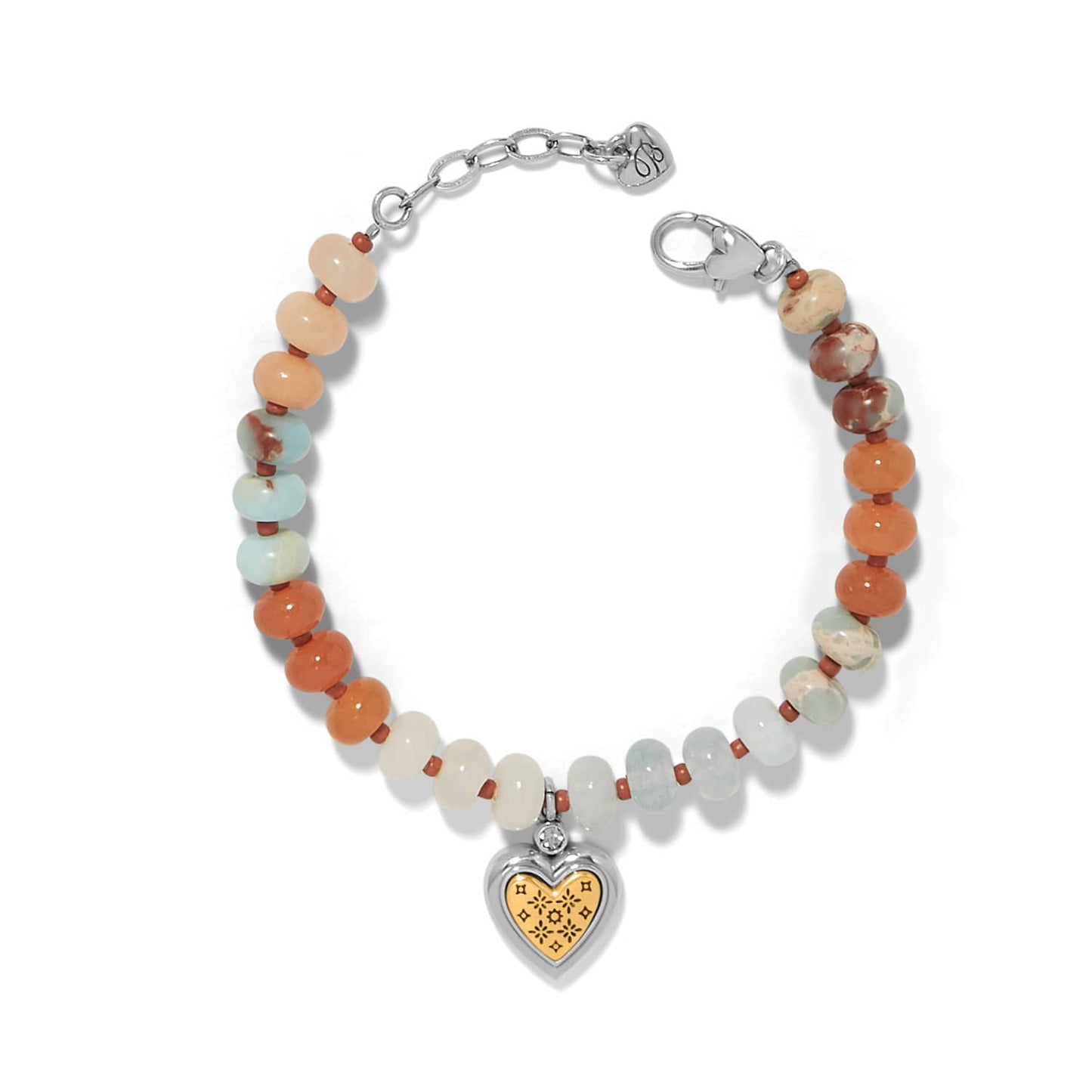 Brighton beaded bracelet with multicolor stone beads and silver-plated heart charm with gold accent on a white background