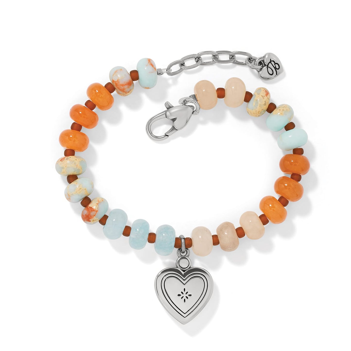 Brighton beaded bracelet with orange, aqua, and cream stones, silver-plated heart charm and clasp on a white background