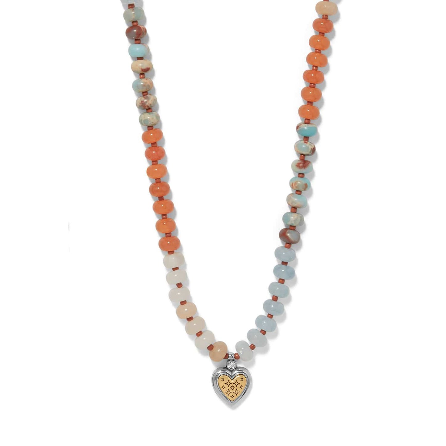 Brighton beaded necklace with orange, turquoise, and cream stones and two-tone heart pendant on a white background