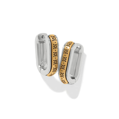 Brighton hoop earrings with silver-tone rectangular shape and gold-tone floral engraved band on a white background