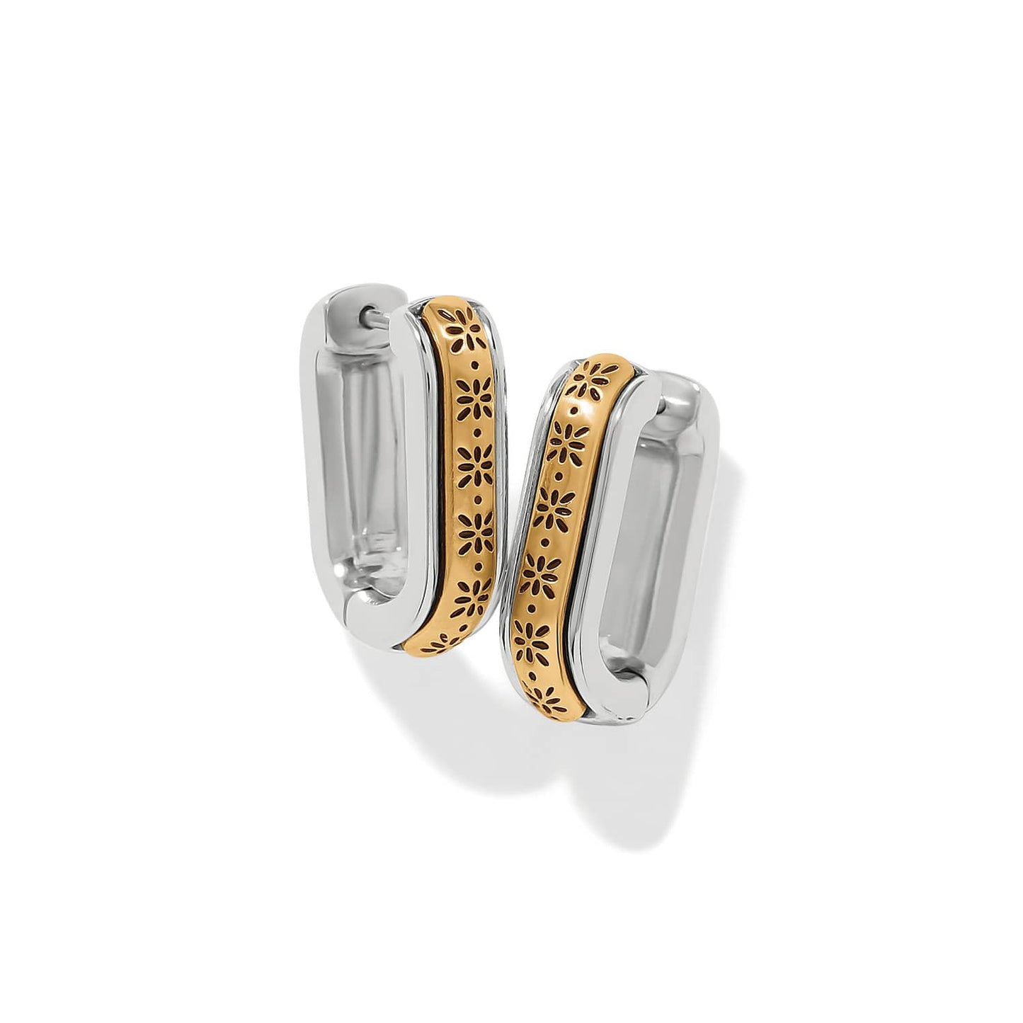Brighton hoop earrings with silver-tone rectangular shape and gold-tone floral engraved band on a white background