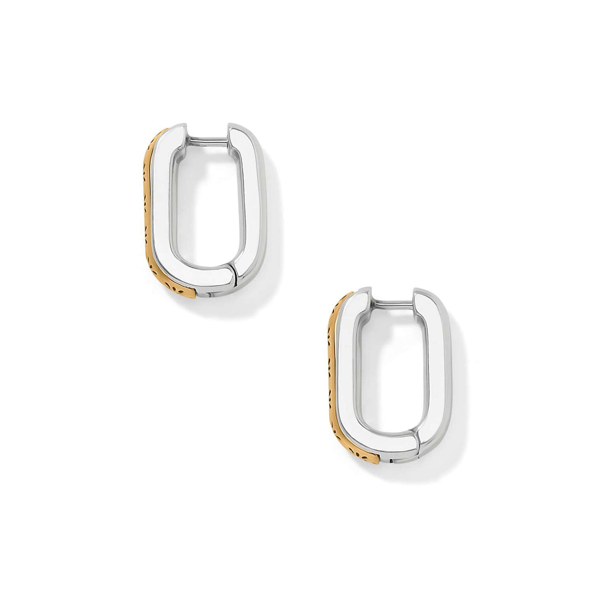 Brighton hoop earrings with two-tone silver and gold rectangular design featuring textured edge detail on a white background
