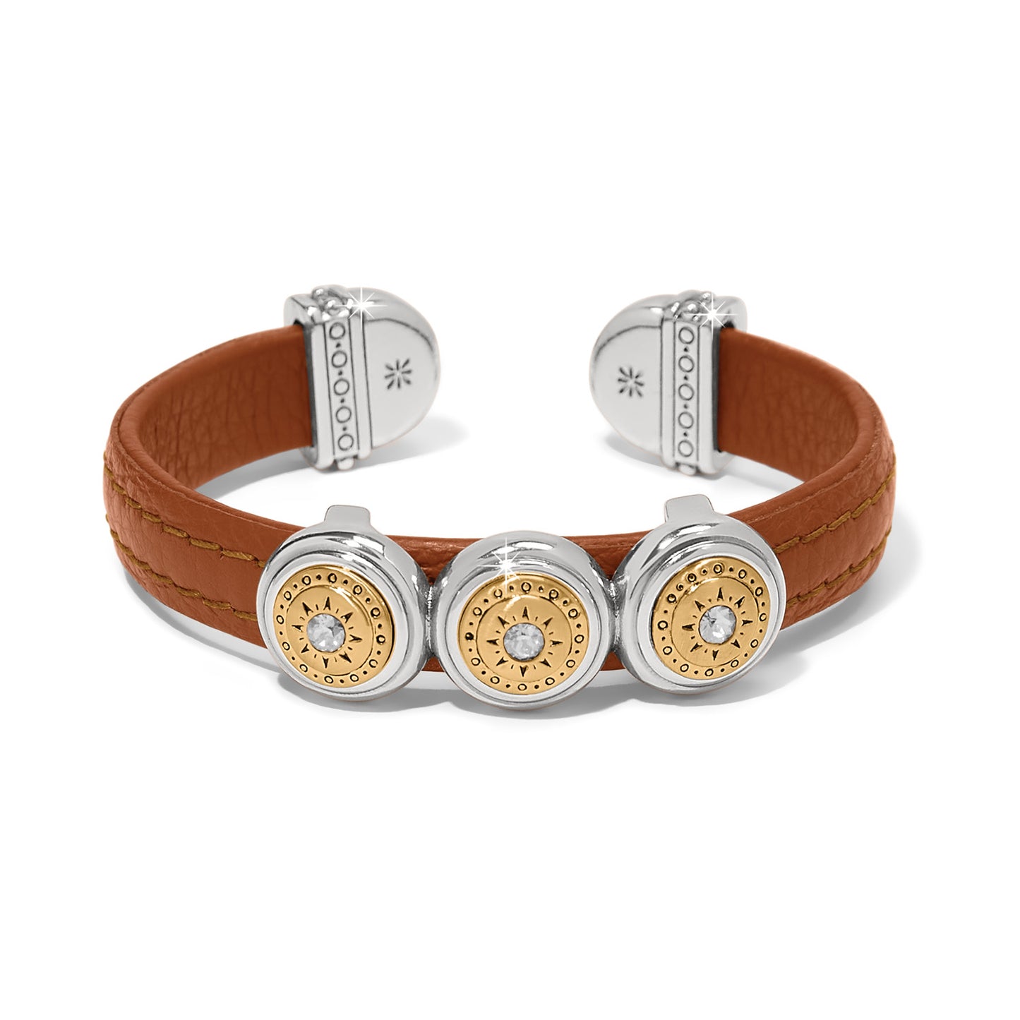 Brighton leather cuff bracelet in tan with two-tone medallions and crystal centers on a white background
