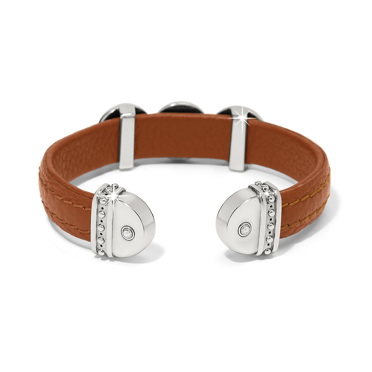 Brighton leather cuff bracelet in tan with silver-tone end caps and crystal accents on a white background