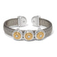 Brighton cuff bracelet with pewter leather band and three two-tone medallions with crystal centers on a white background