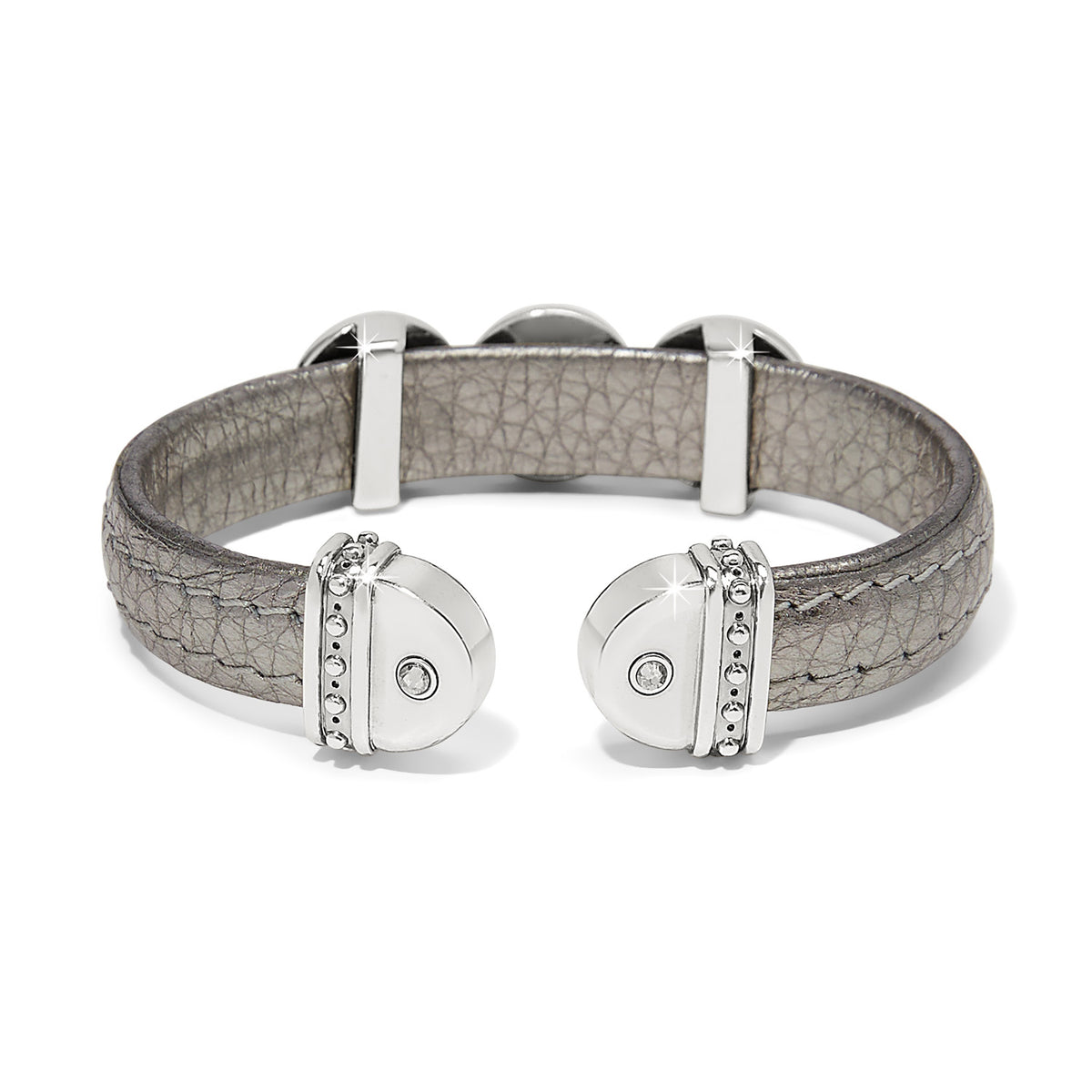 Brighton cuff bracelet in pewter leather with silver-tone domed end caps and crystal accents on a white background
