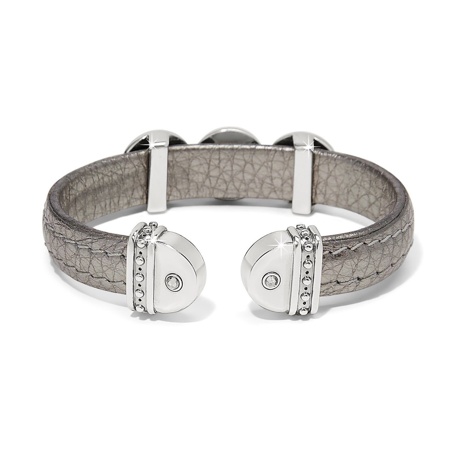 Brighton cuff bracelet in pewter leather with silver-tone domed end caps and crystal accents on a white background
