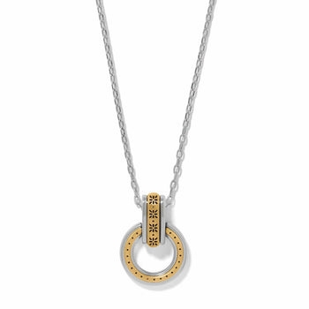 Brighton pendant necklace with two-tone circular ring and floral engraved bar on silver chain on a white background