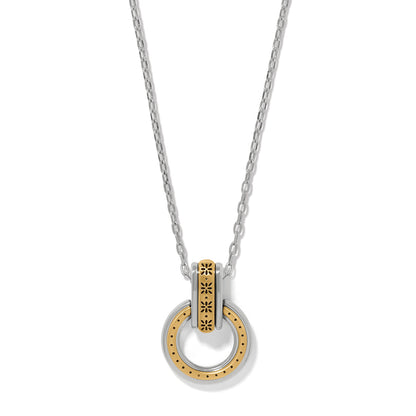 Brighton pendant necklace with two-tone circular ring and floral engraved bar on silver chain on a white background