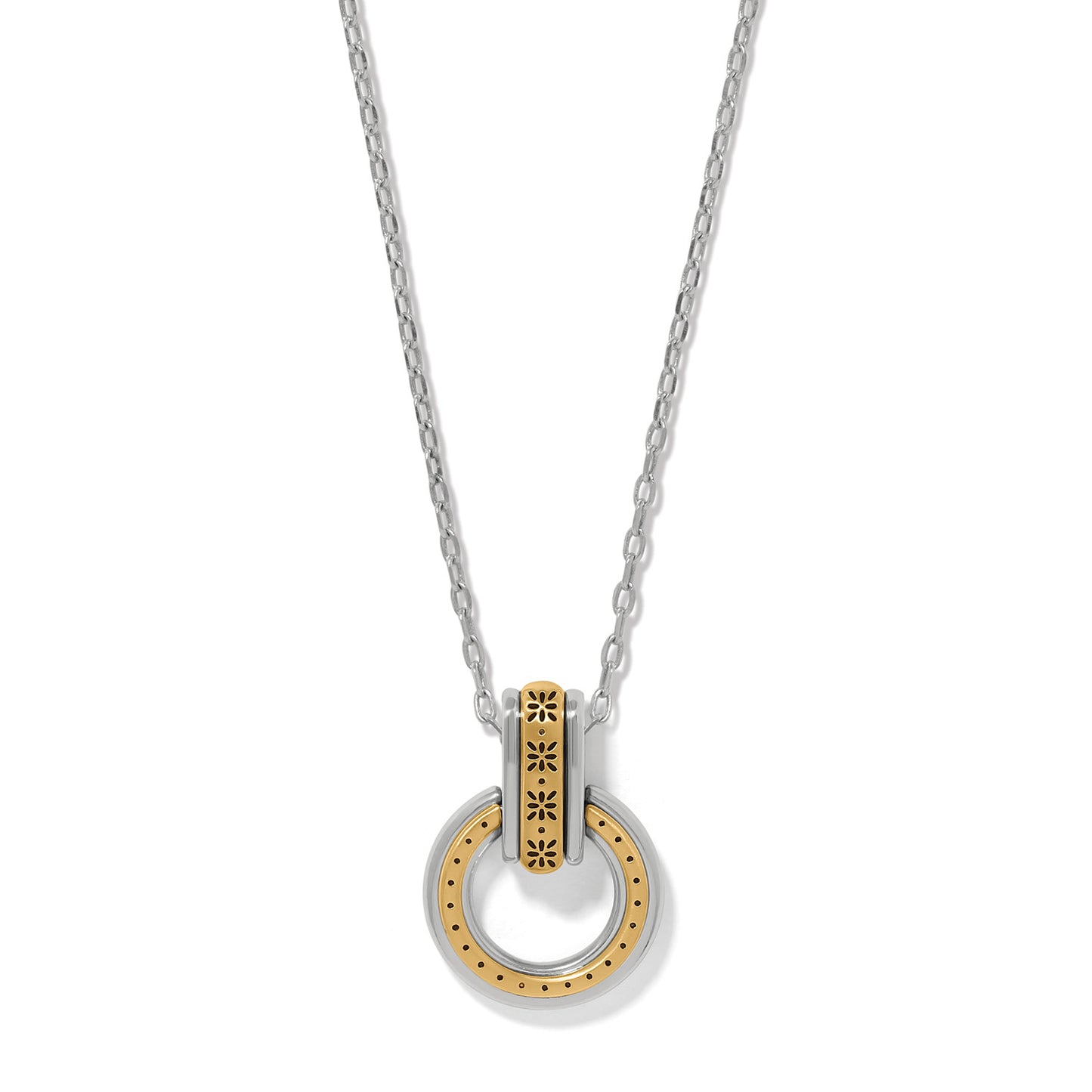 Brighton pendant necklace with two-tone circular ring and floral engraved bar on silver chain on a white background