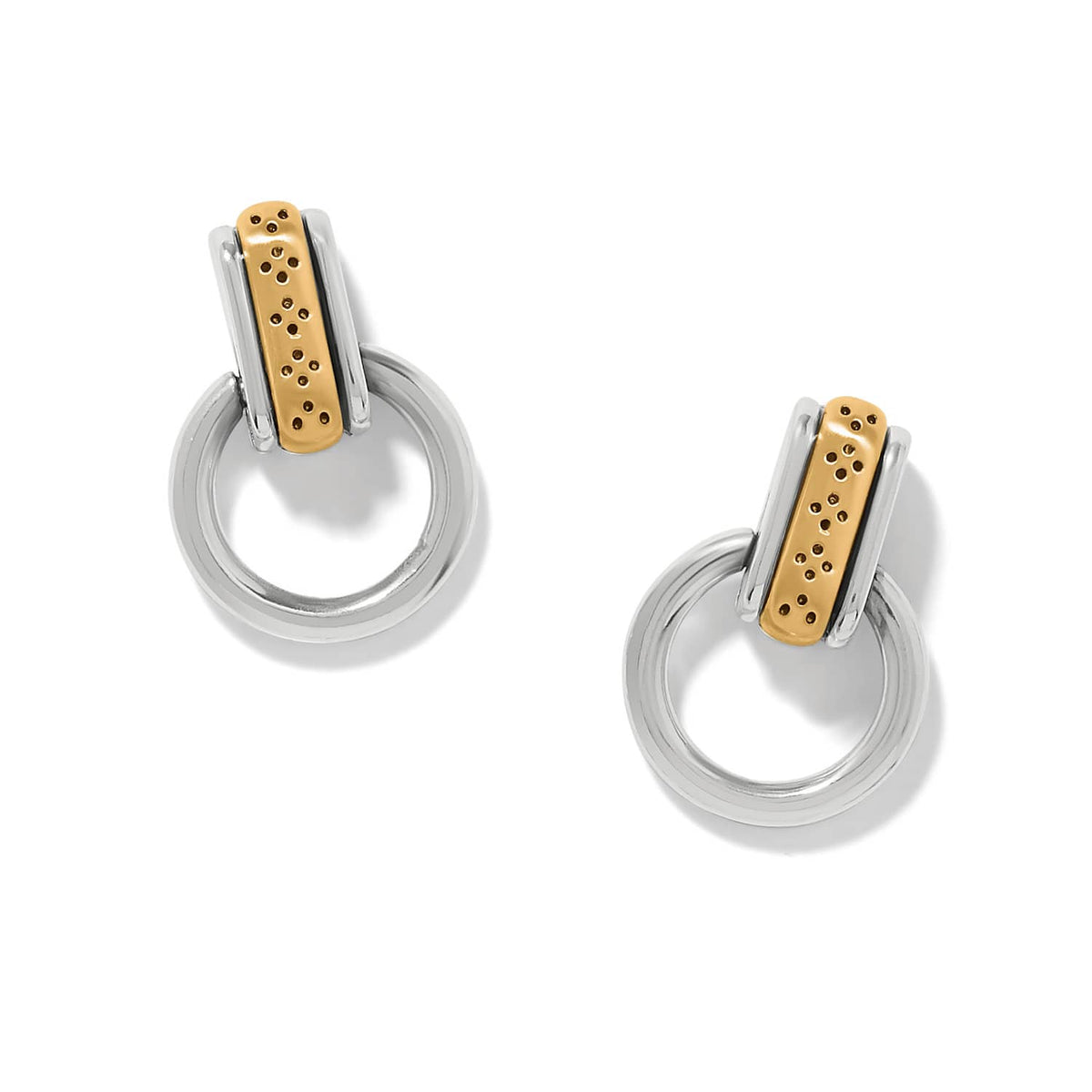 Brighton drop earrings with silver-tone circular rings and gold-tone perforated bar accents on a white background