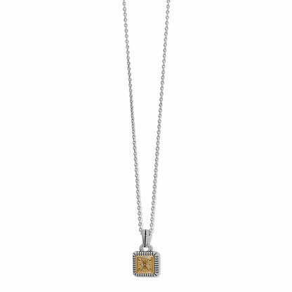 Brighton pendant necklace with two-tone square charm featuring gold decorative motif on silver-tone chain on a white background