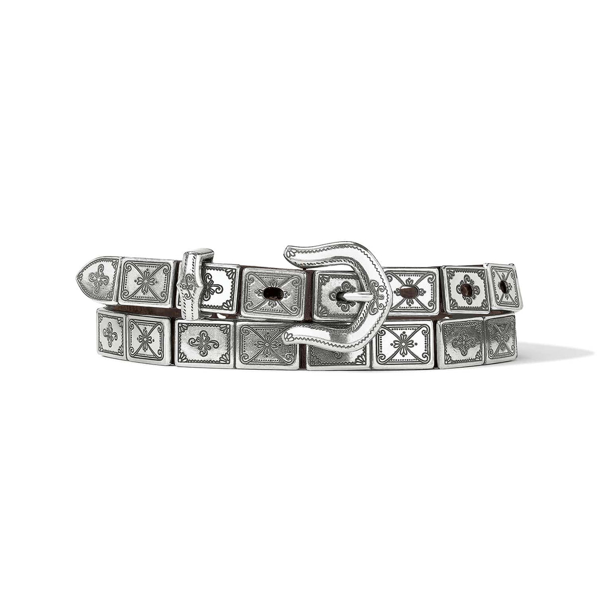 Brighton leather belt with engraved silver-tone square conchos and ornate buckle, coiled on a white background