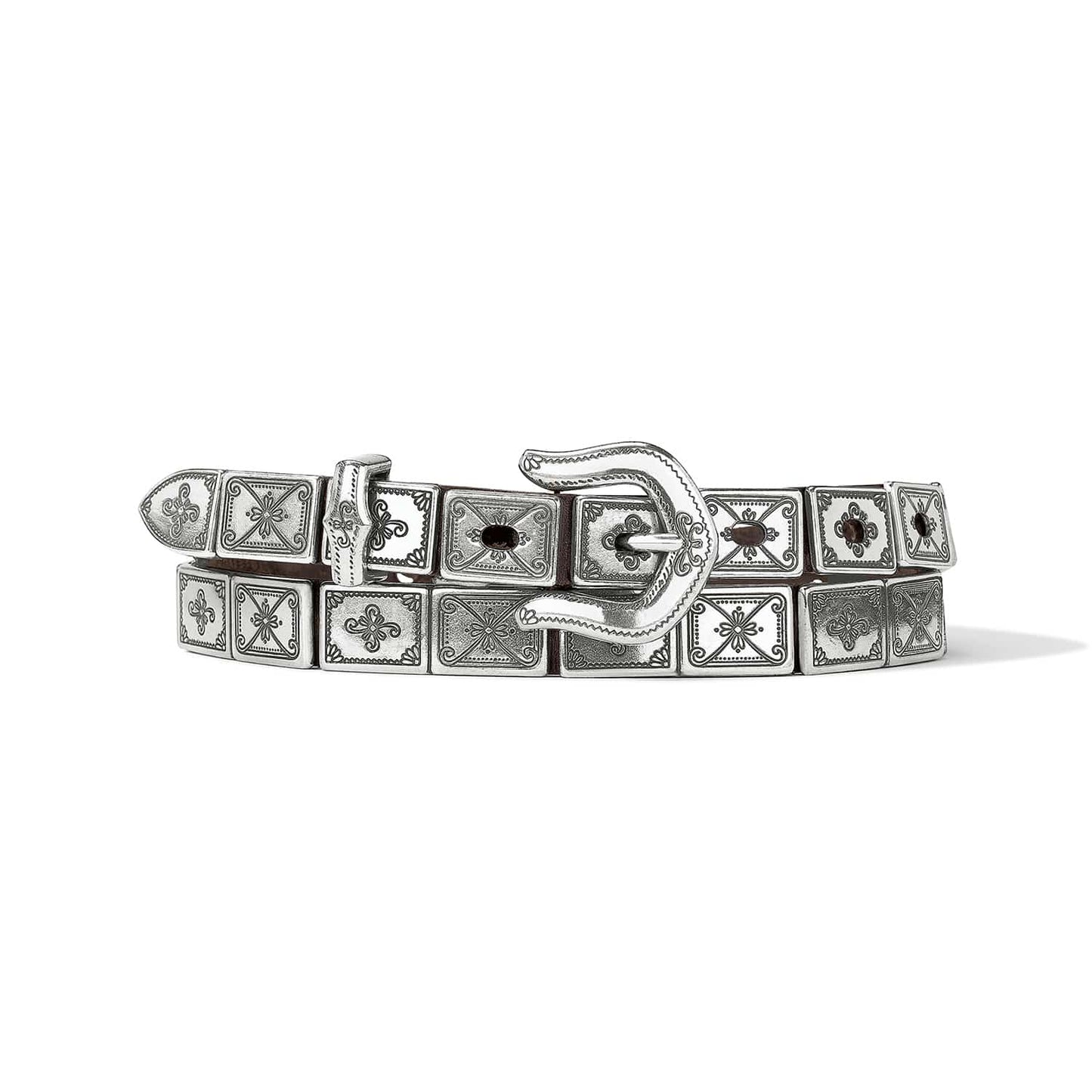Brighton leather belt with engraved silver-tone square conchos and ornate buckle, coiled on a white background